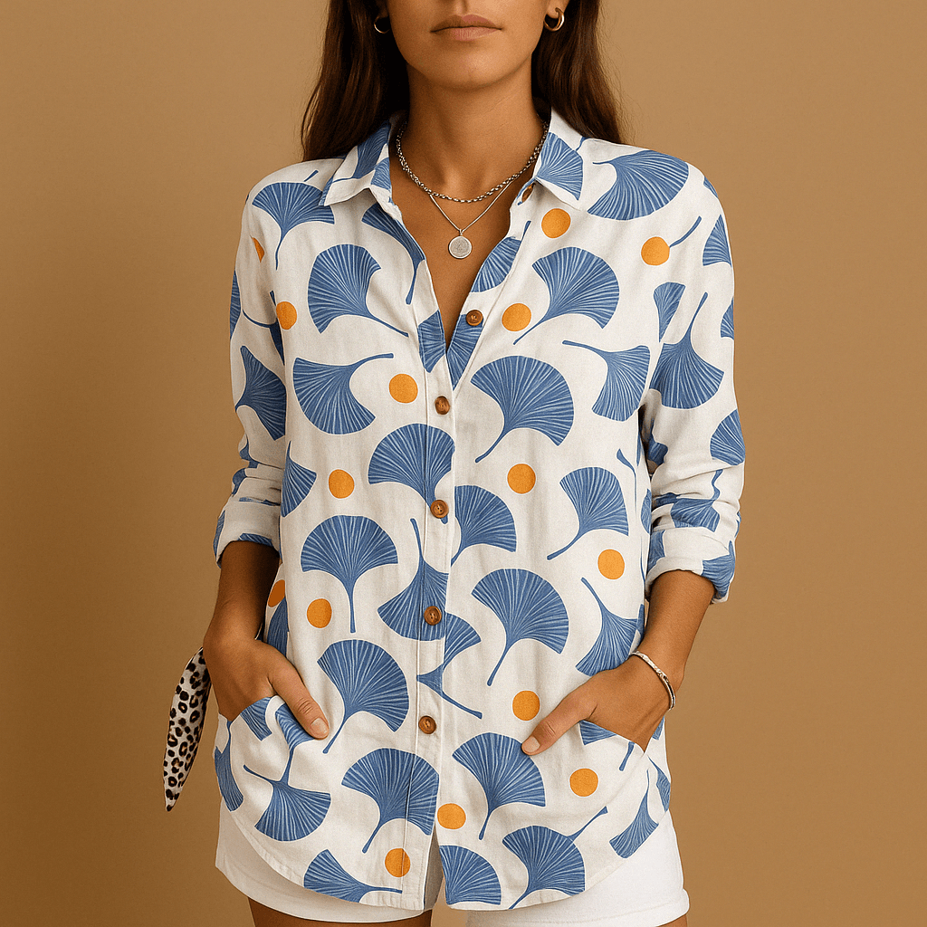 Polyester Blend Blouse - Floral Long Sleeves & Warm