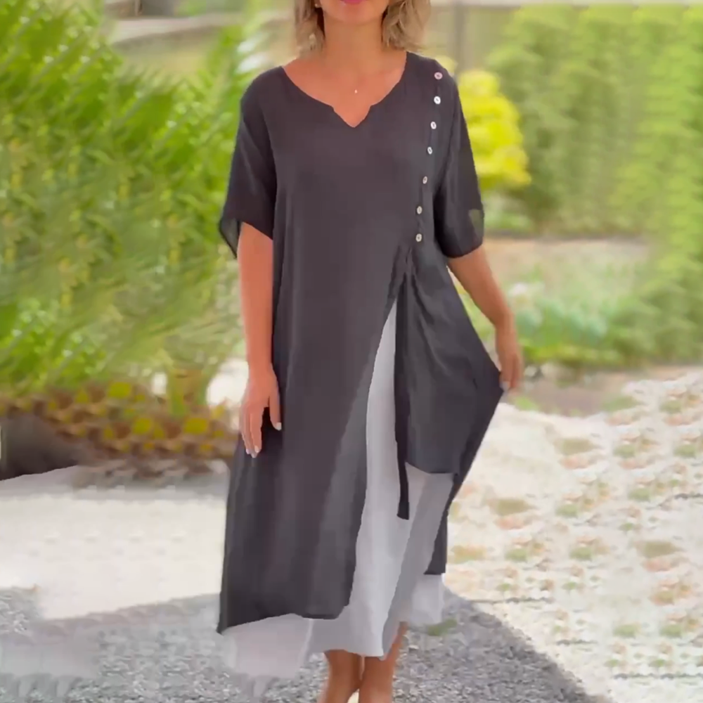 Polyester Blend Dress - Asymmetrical Hem And Relaxed Fit