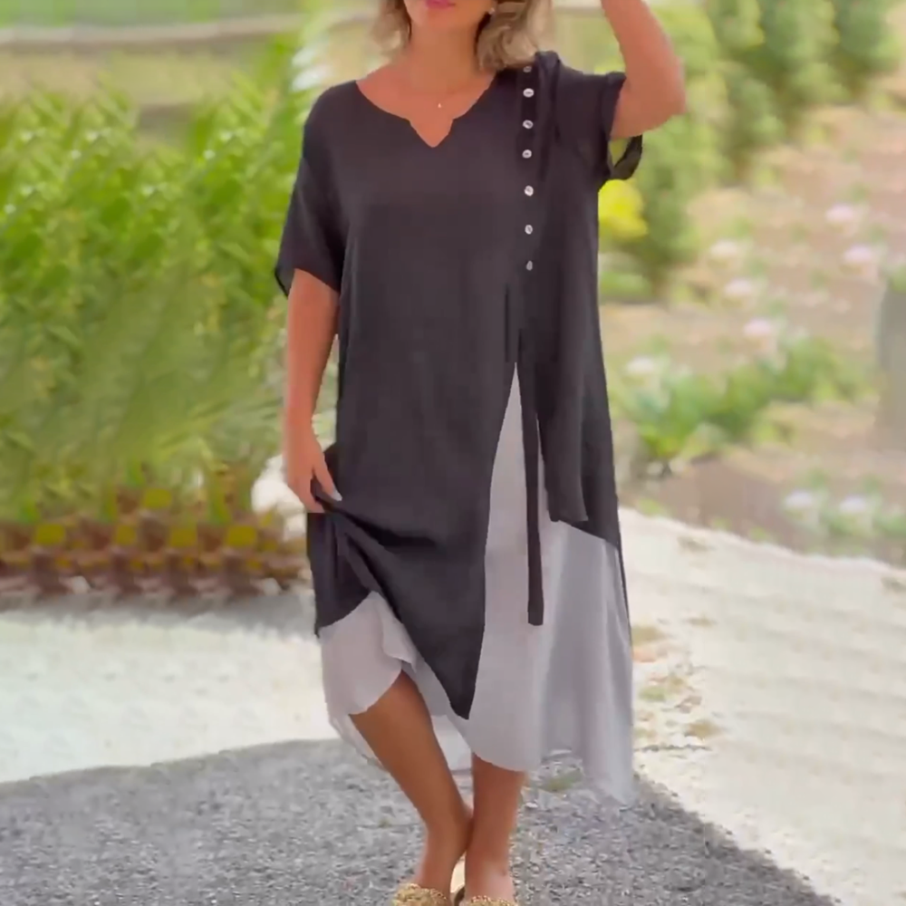 Polyester Blend Dress - Asymmetrical Hem And Relaxed Fit