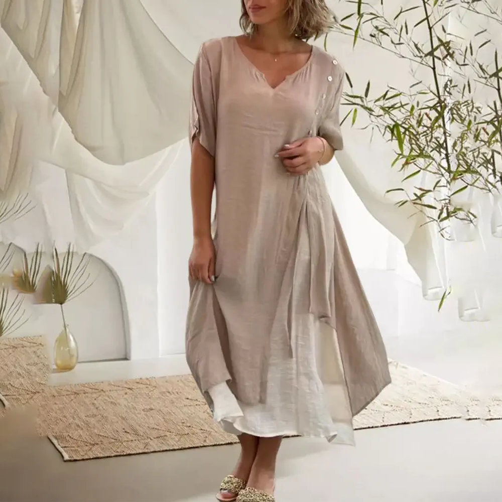 Polyester Blend Dress - Asymmetrical Hem And Relaxed Fit