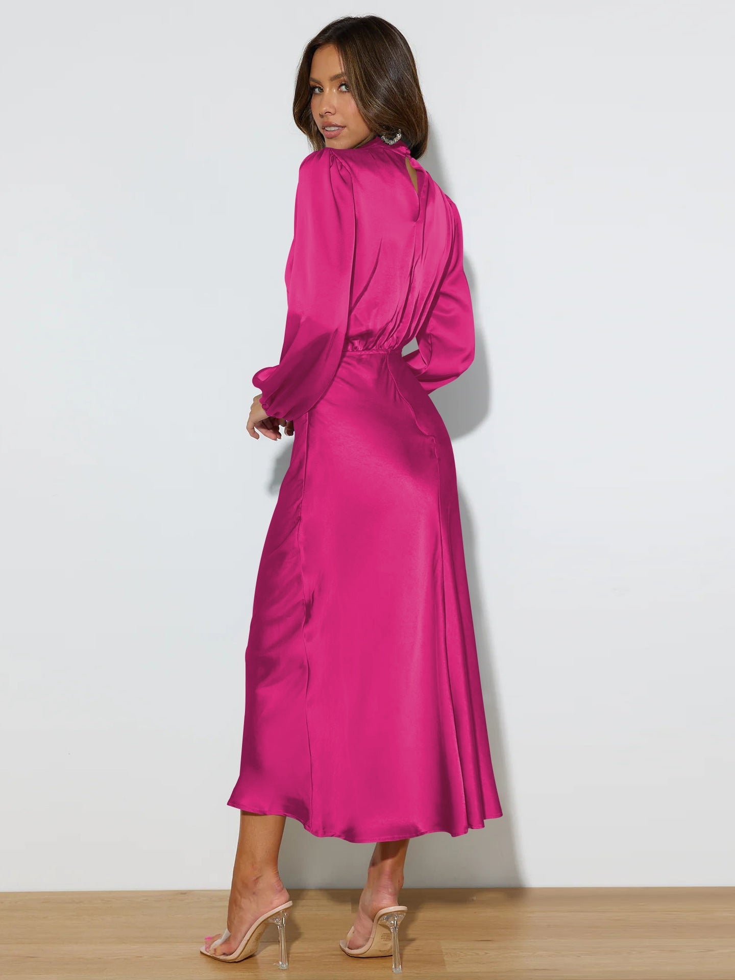 Polyester Blend Dress-High Neck Long-Sleeve & Smooth Drape