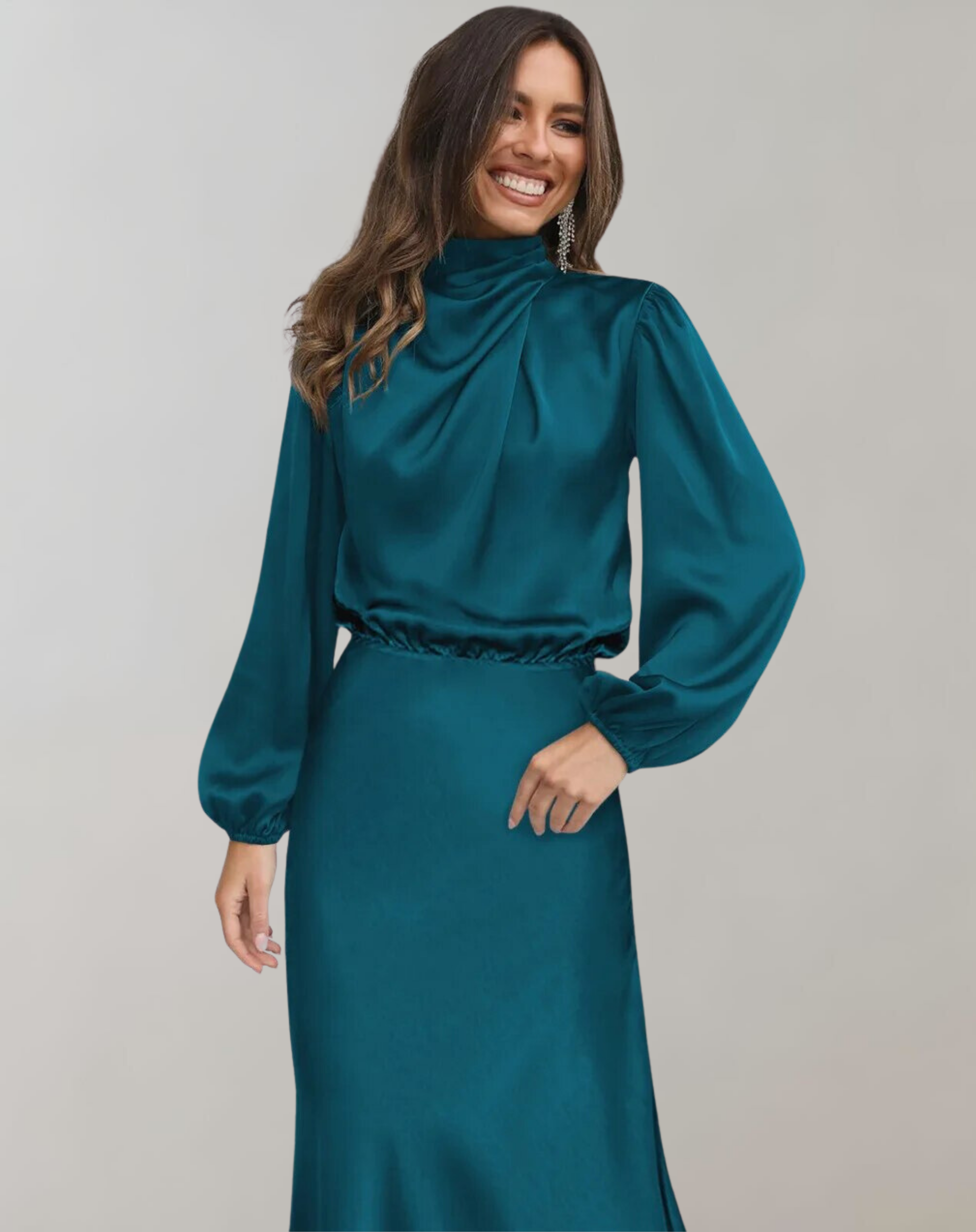 Polyester Blend Dress-High Neck Long-Sleeve & Smooth Drape