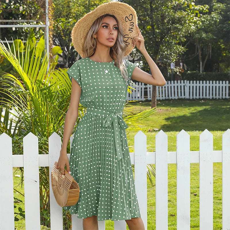 Polyester Blend Dress - High Waist Seam & Knee Length Ease