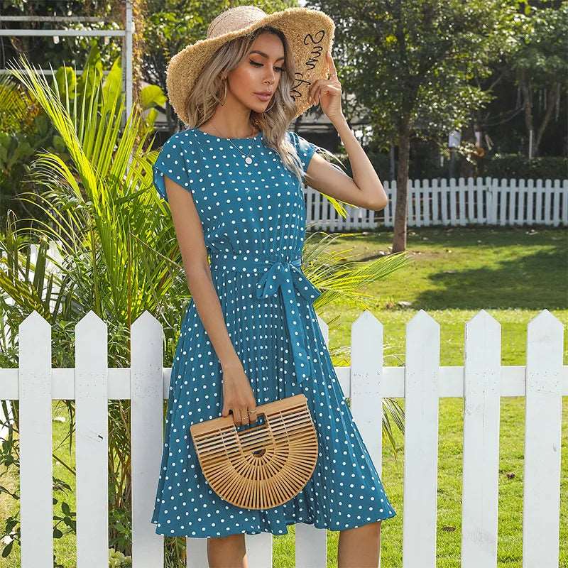 Polyester Blend Dress - High Waist Seam & Knee Length Ease