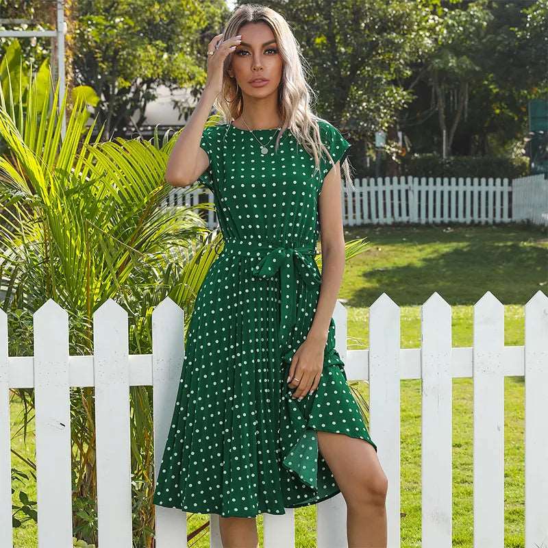 Polyester Blend Dress - High Waist Seam & Knee Length Ease
