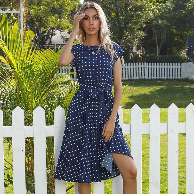 Polyester Blend Dress - High Waist Seam & Knee Length Ease