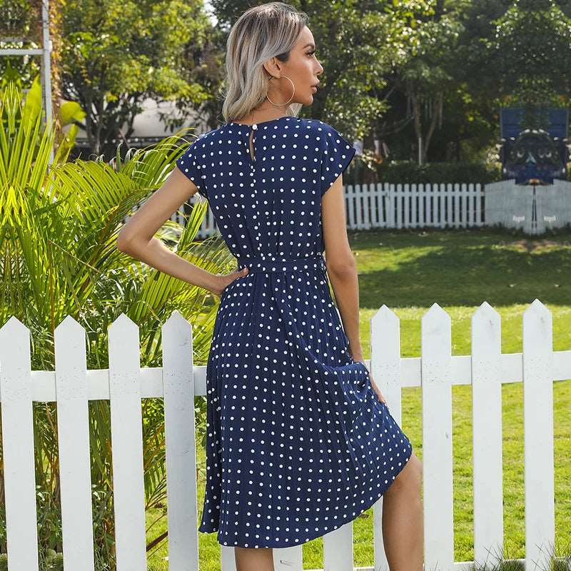 Polyester Blend Dress - High Waist Seam & Knee Length Ease