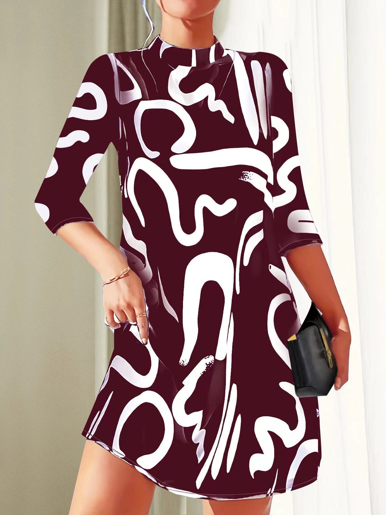 Polyester Blend Dress – O Neck & 3/4 Sleeves & Relaxed Fit