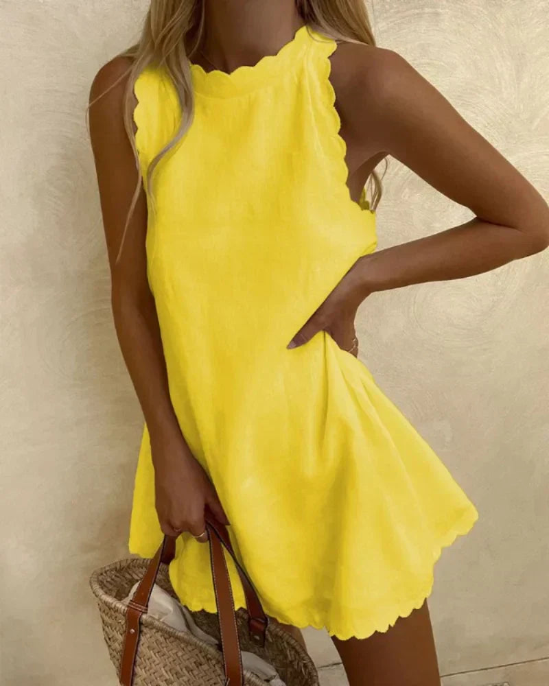Polyester Blend Dress - Scalloped Hem & Free Shoulders