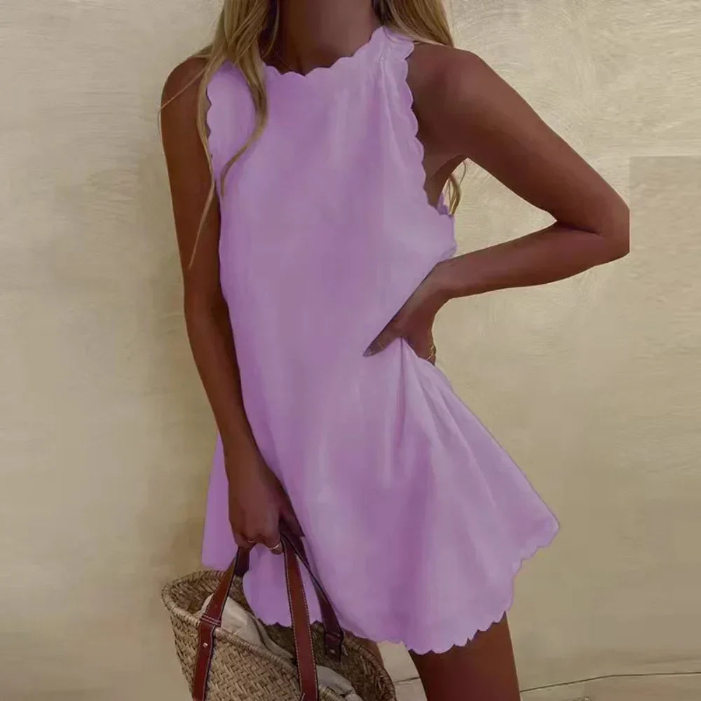 Polyester Blend Dress - Scalloped Hem & Free Shoulders