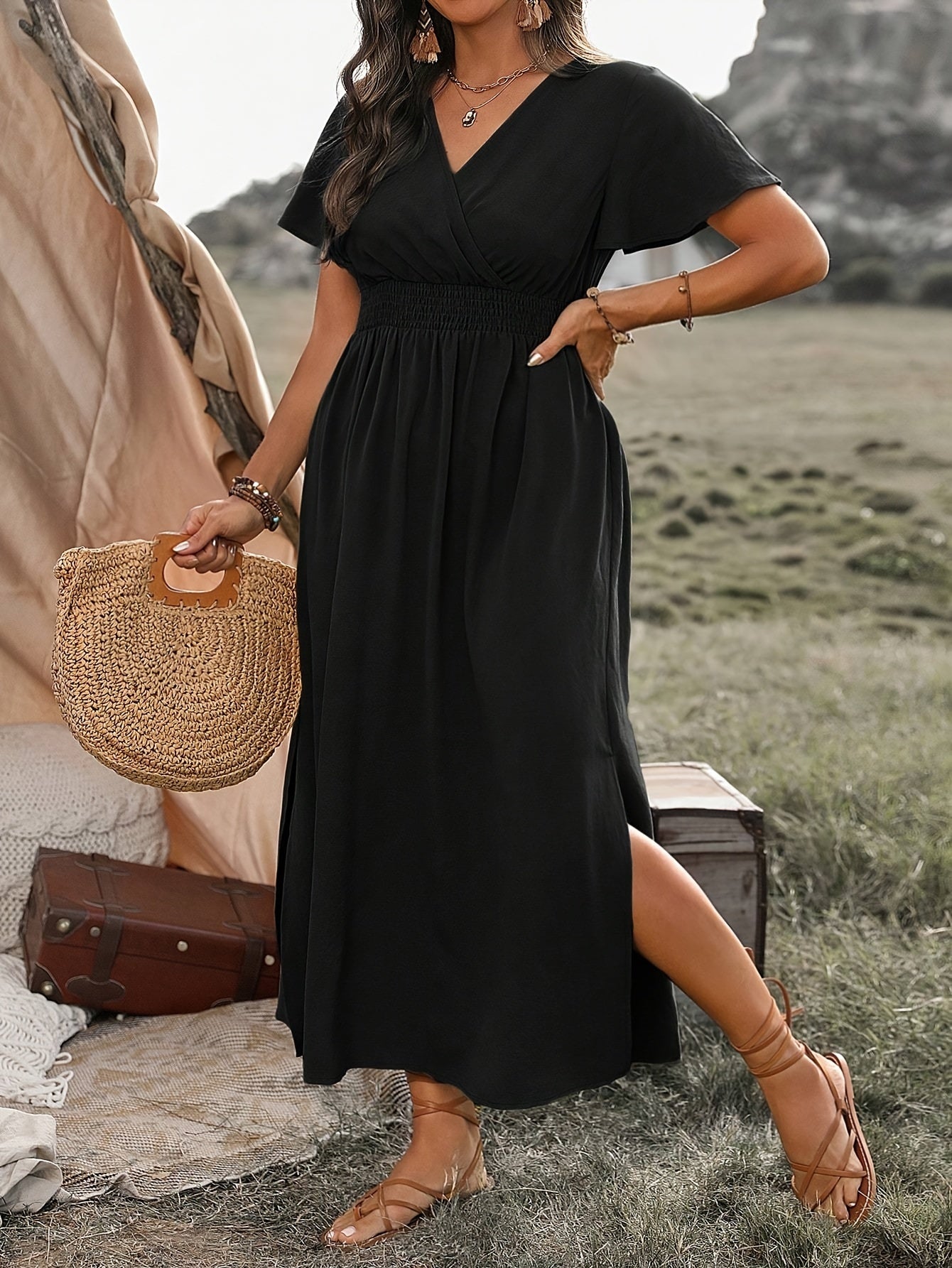 Polyester Blend Dress – V Neck And Flowy Skirt Ease