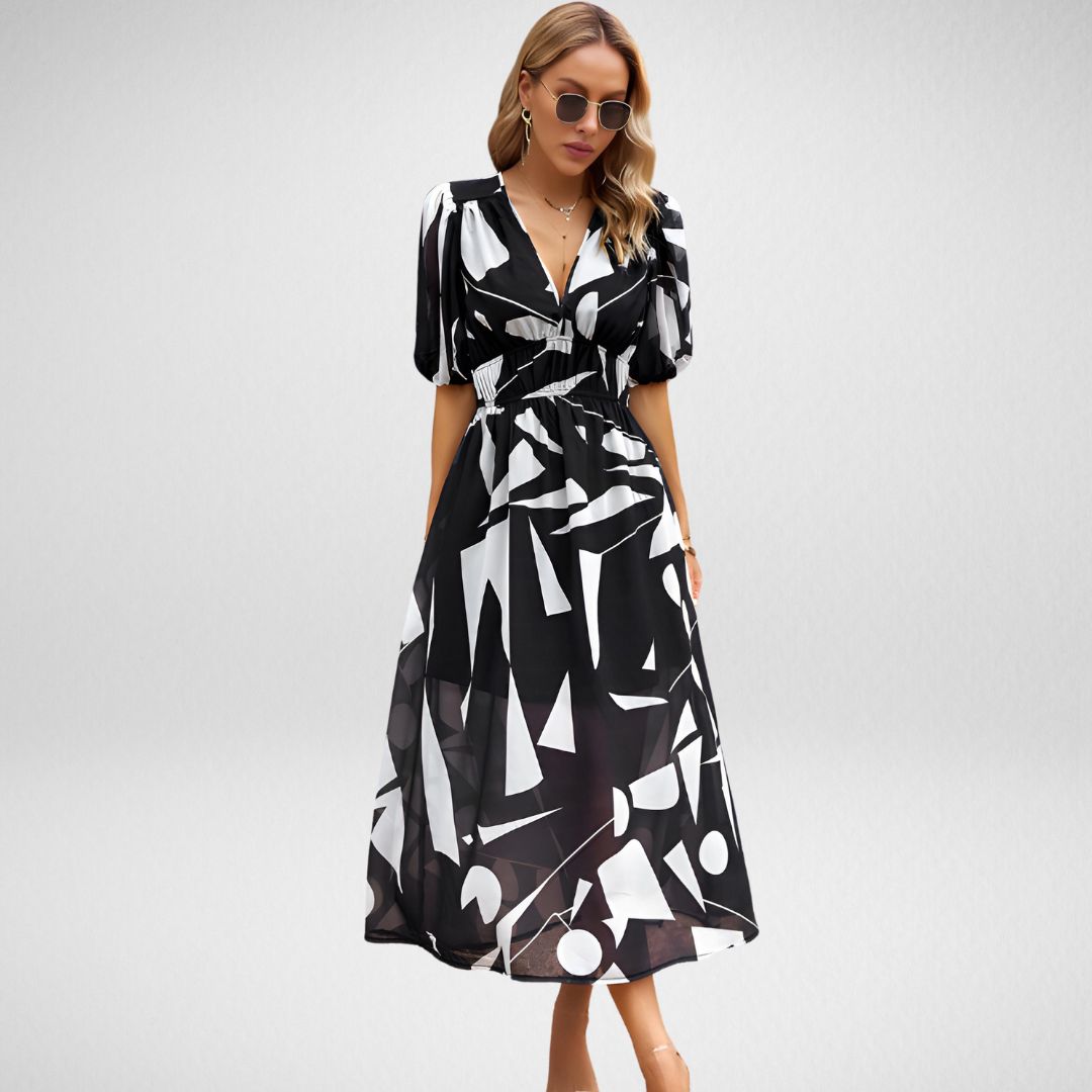 Polyester Blend Dress - V Neck, Puff Sleeves & Extra Length