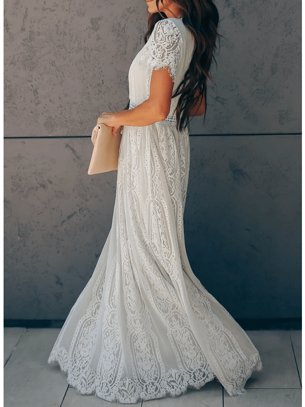 Polyester Blend Maxi Dress - Short Sleeves & Easy Movement