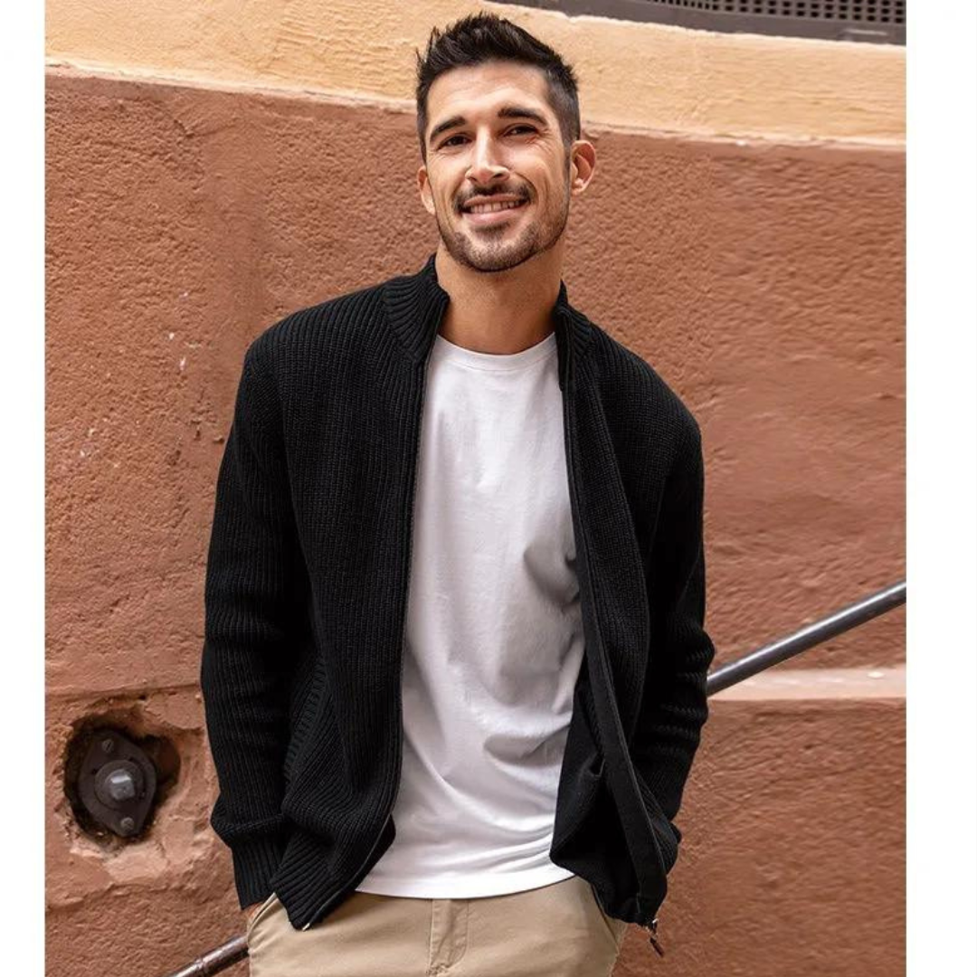 Polyester Blend Sweater - Horizontal Ribbed & Zip Neck
