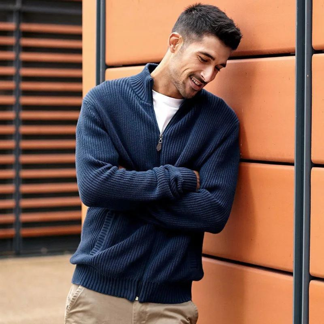 Polyester Blend Sweater - Horizontal Ribbed & Zip Neck