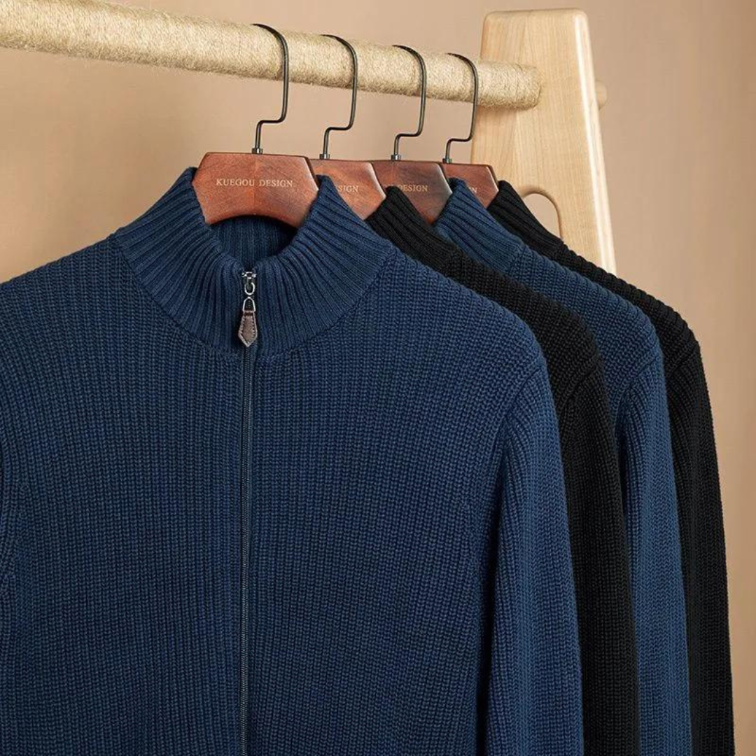 Polyester Blend Sweater - Horizontal Ribbed & Zip Neck
