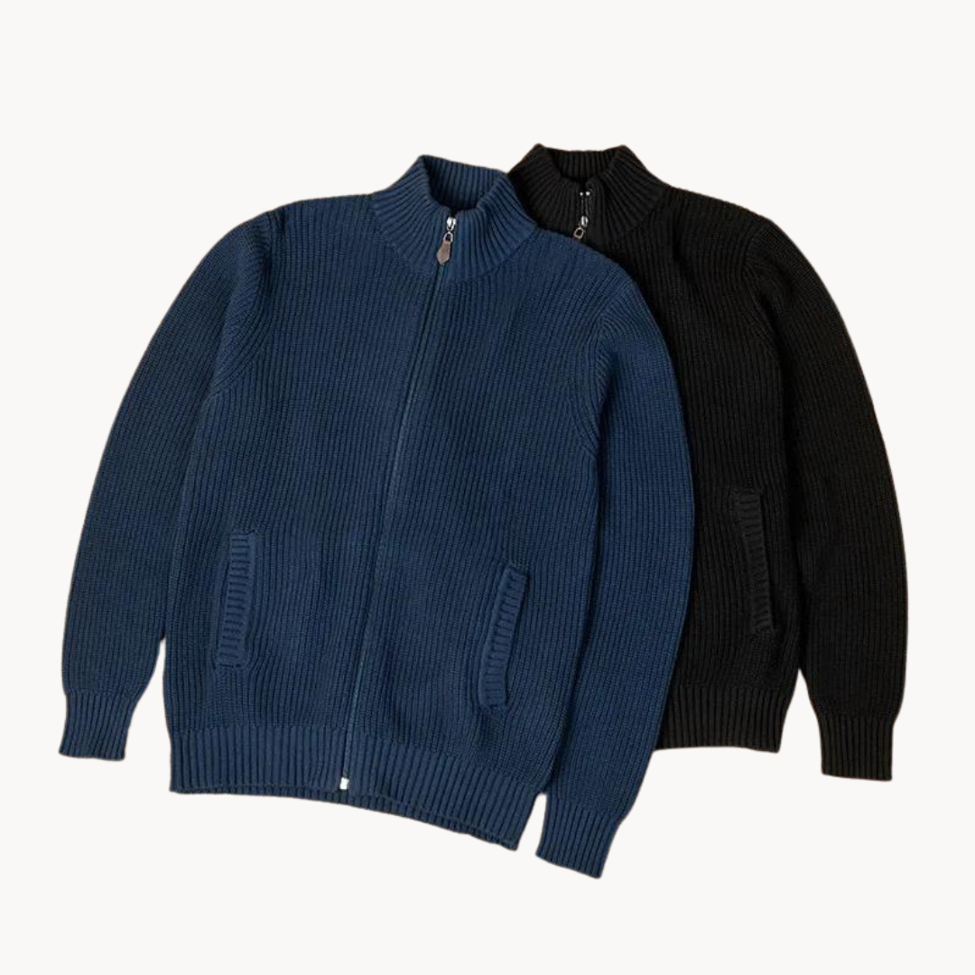 Polyester Blend Sweater - Horizontal Ribbed & Zip Neck