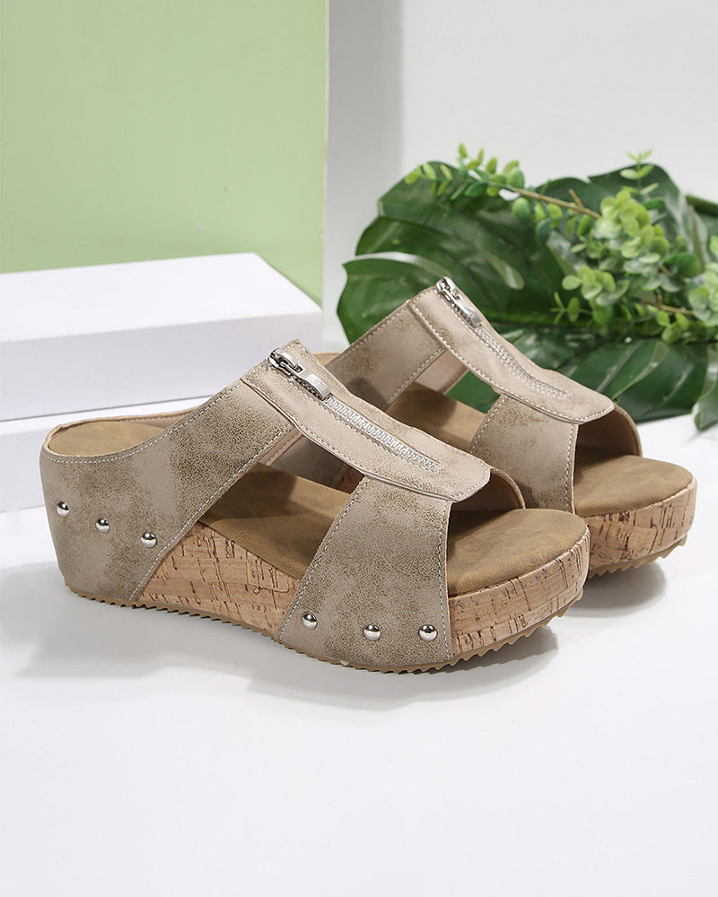 Polyester Blend Wedge Sandals - Back Zipper & Stable Walk