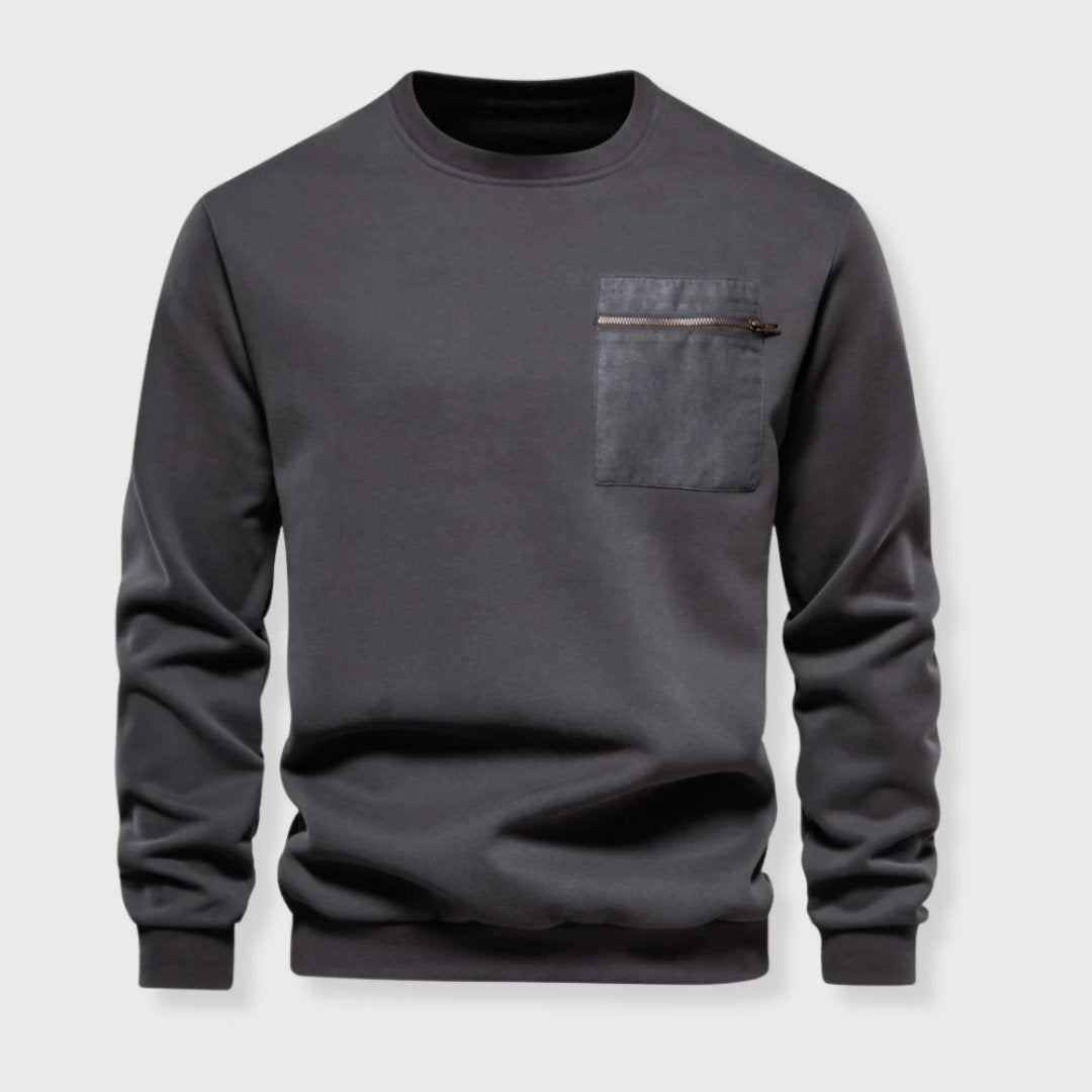 Pullover Sweater - Ribbed Hem & Zipper Chest Pocket