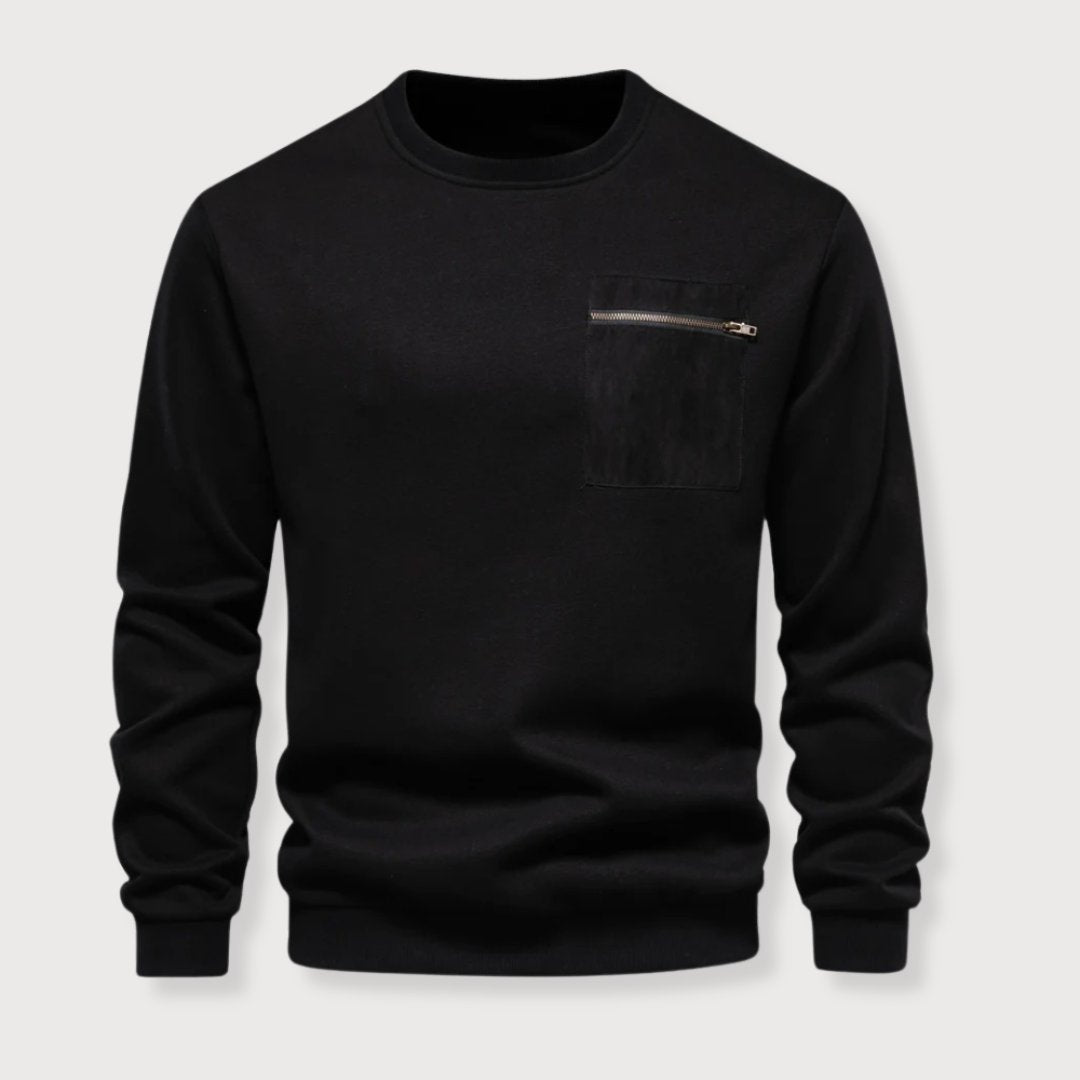 Pullover Sweater - Ribbed Hem & Zipper Chest Pocket