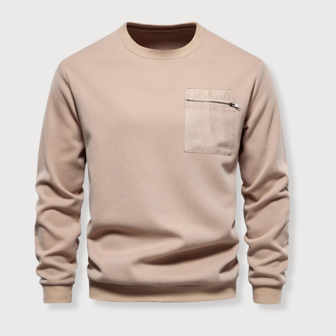 Pullover Sweater - Ribbed Hem & Zipper Chest Pocket