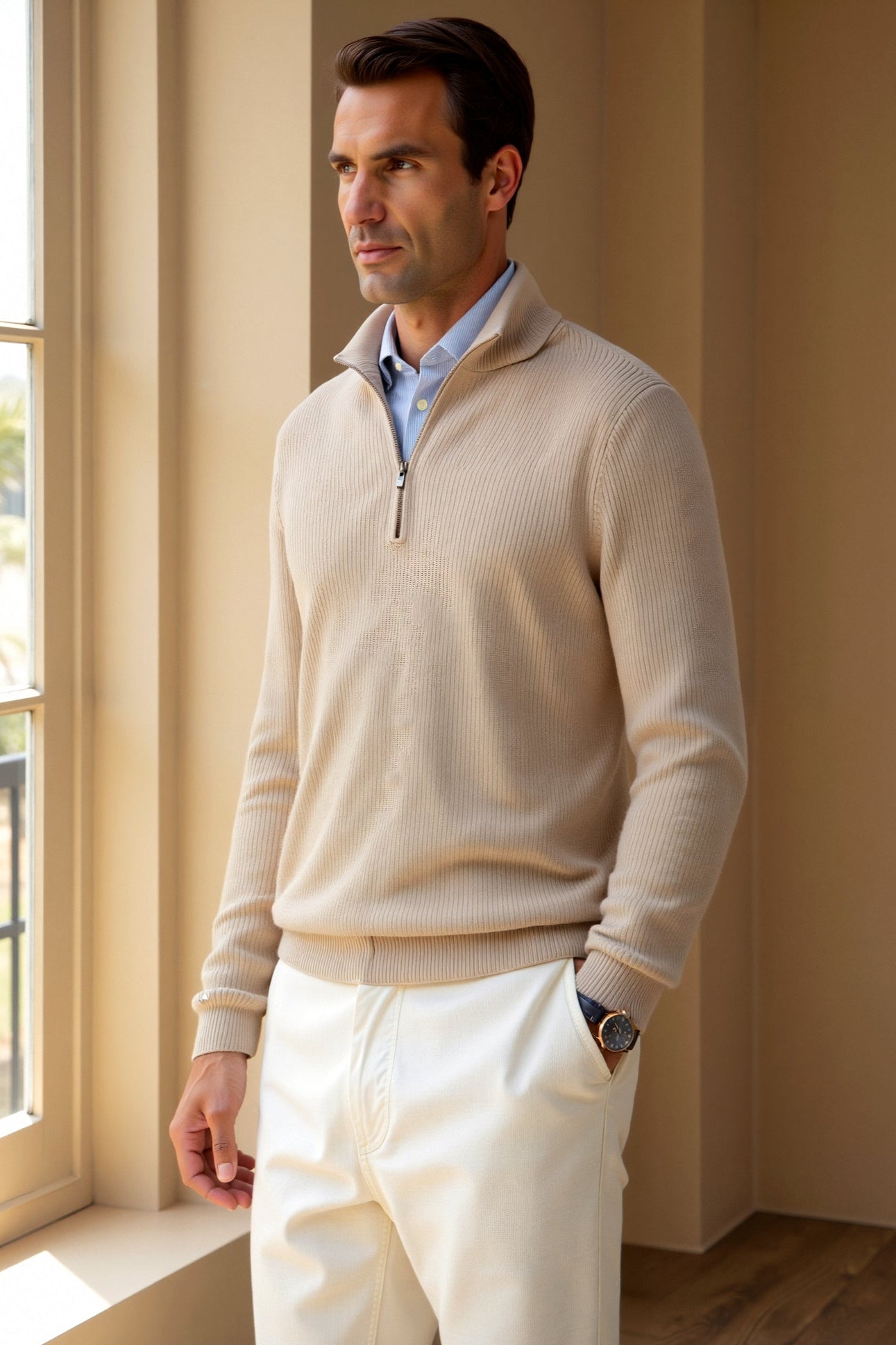 Quarter Zip Sweater - Knit-Blend High Collar & Flex Shape