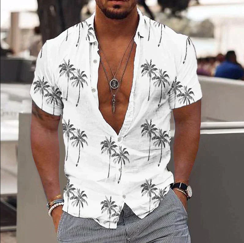 Men's Cotton Short Sleeve Tropical Print Shirt-4