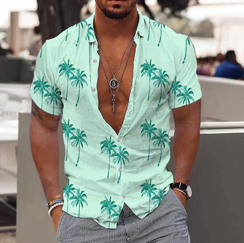 Men's Cotton Short Sleeve Tropical Print Shirt-3
