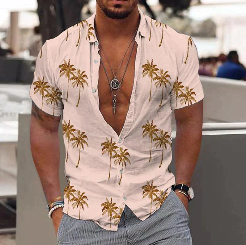 Men's Cotton Short Sleeve Tropical Print Shirt-2