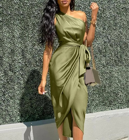 Women's Satin Maxi Dress One-Shoulder Elegant-2