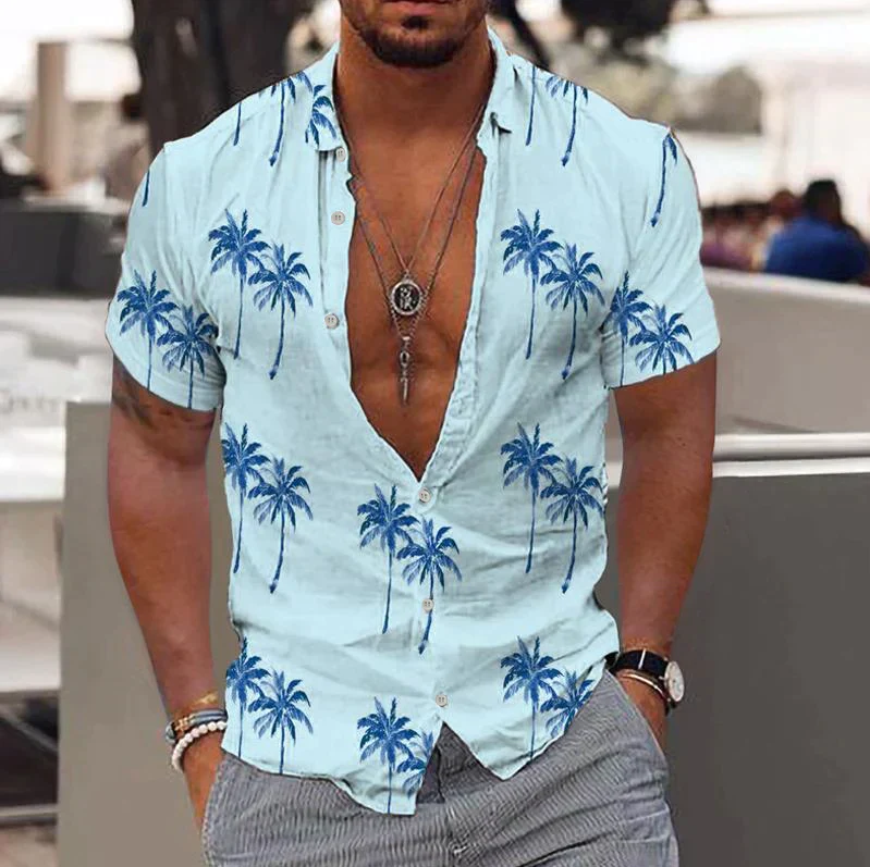 Men's Cotton Short Sleeve Tropical Print Shirt-5