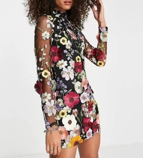 Women's Garden Party Dress with 3D Flower Embroidery 3