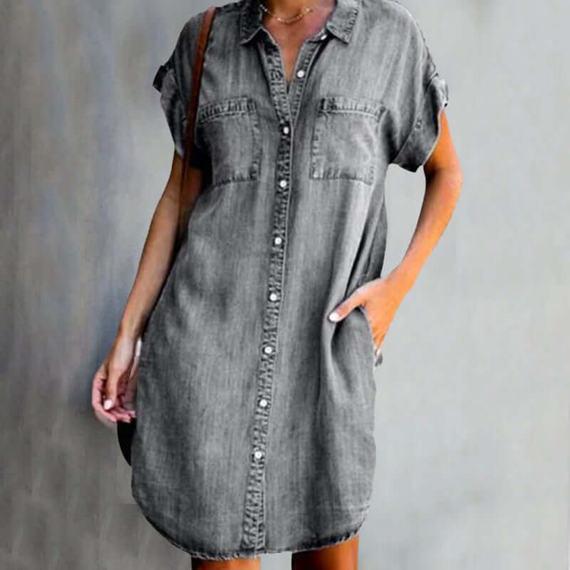 Shirt Dress – Denim Blend Button Front & Adjustable Fit