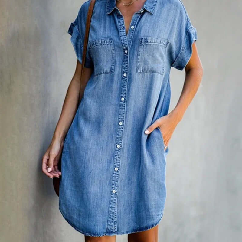 Shirt Dress – Denim Blend Button Front & Adjustable Fit