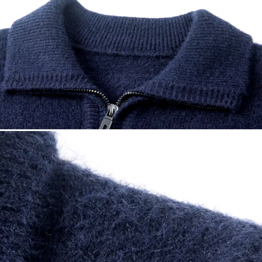 Sweater – Spun-Fiber Blend Ribbed Cuffs & High Collar Zip