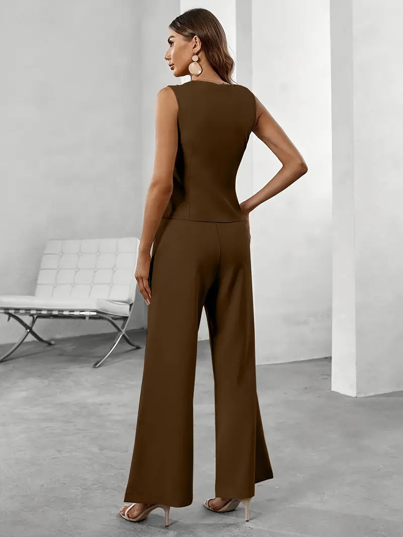 Trouser Suit Set - Asymmetrical Button Top & Relaxed Legs