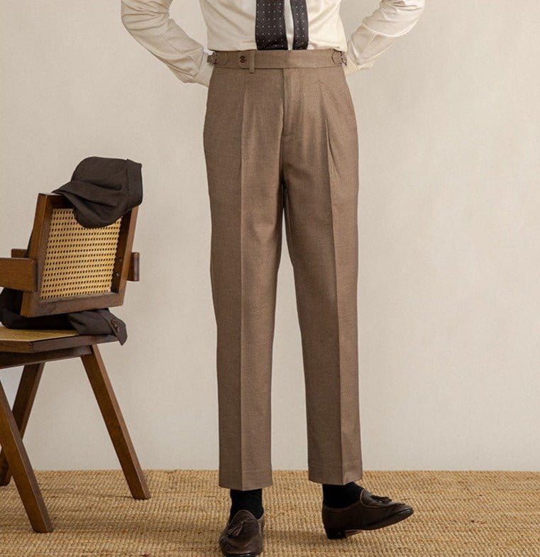 Trousers - Herringbone Blend Pleated Front & Adjust Tabs