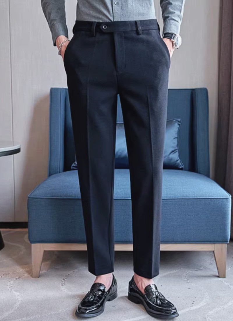 Trousers - Polyester Blend Slim Straight Leg With Button