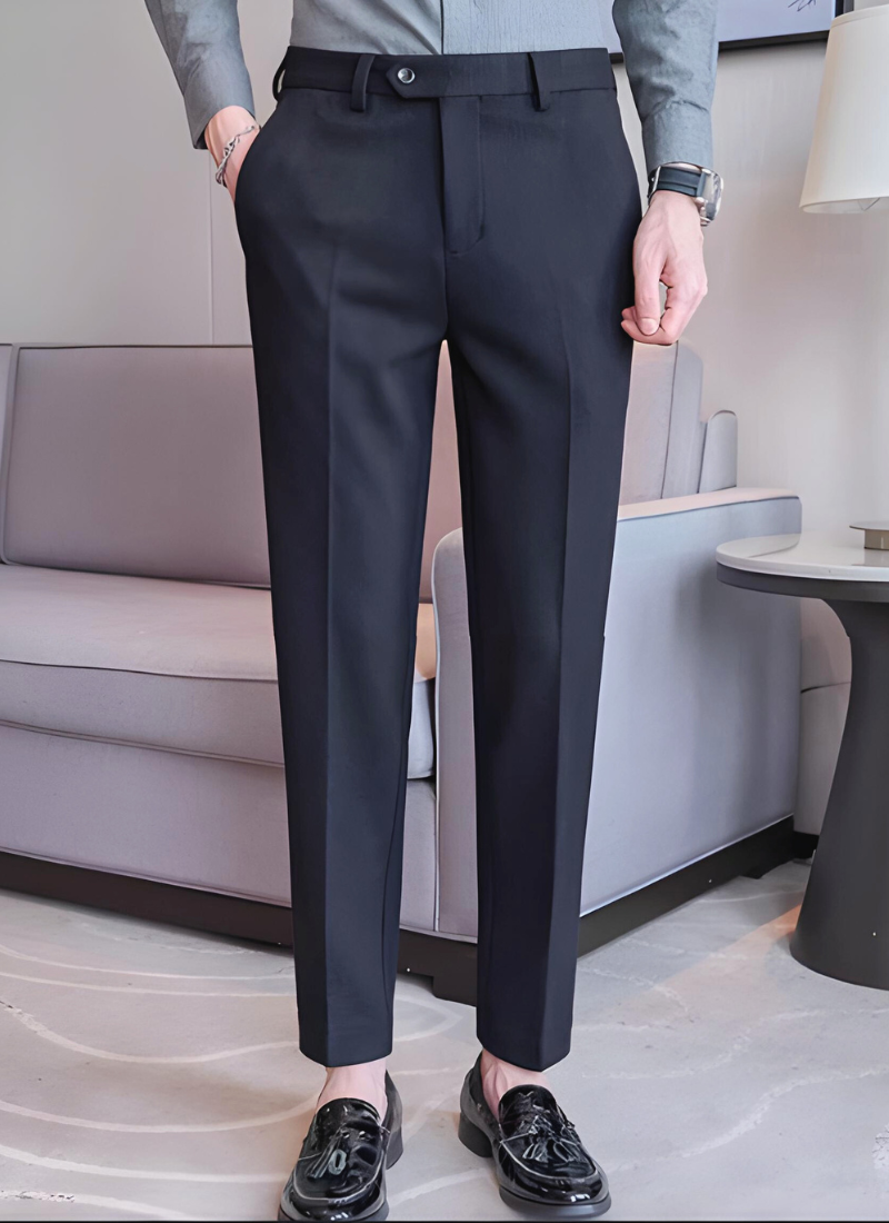 Trousers - Polyester Blend Slim Straight Leg With Button