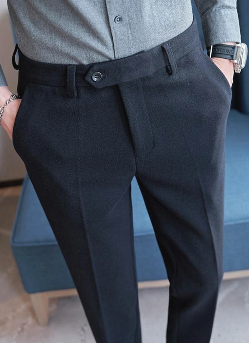 Trousers - Polyester Blend Slim Straight Leg With Button
