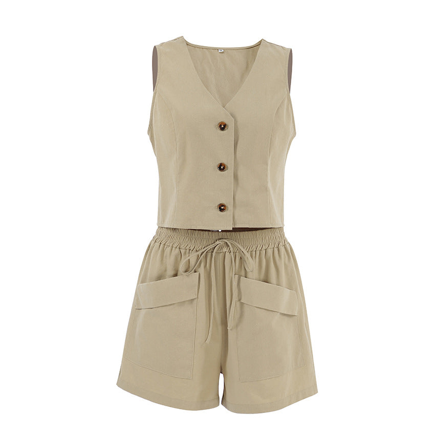Two Piece Set - V Neck Vest And Elastic Waist Shorts