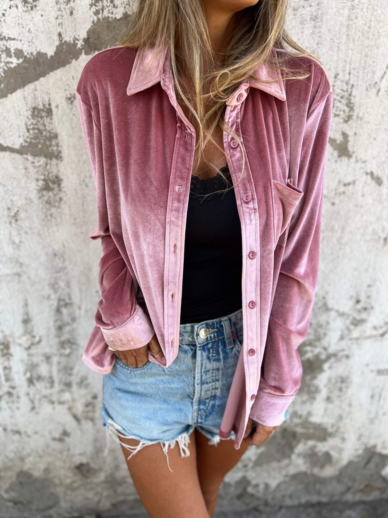 Velvet Blend Shirt - Long Sleeve And Shaped Body Keeps Shape