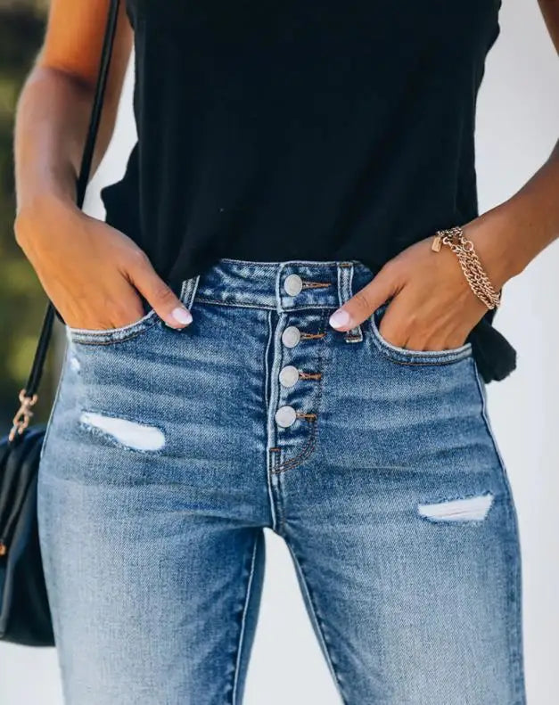 Women's Slim Fit Ripped Denim Jeans-4