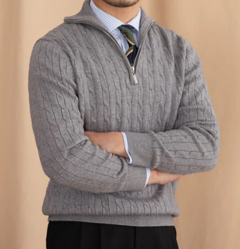 Yarn Blend Sweater - Cable Knit & Adjustable Collar