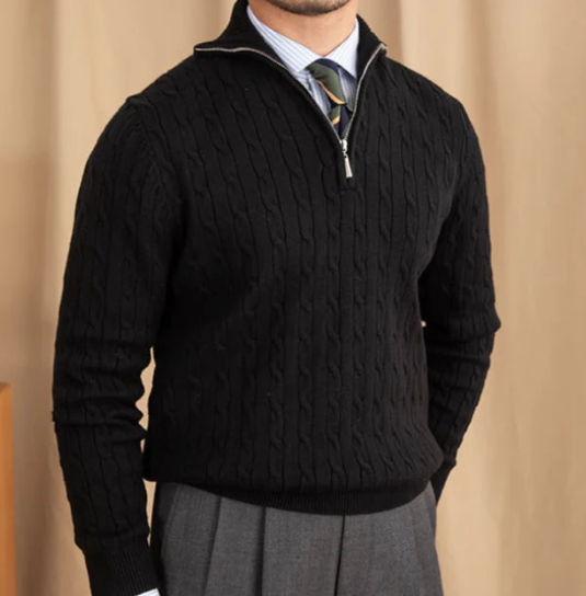 Yarn Blend Sweater - Cable Knit & Adjustable Collar