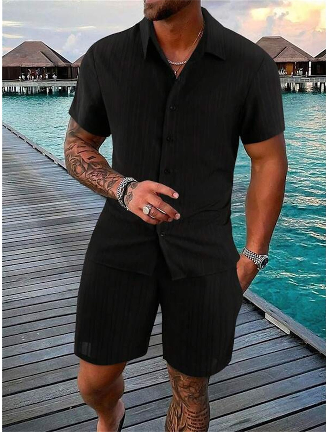 Men's Lightweight Cotton Beach Shirt Set