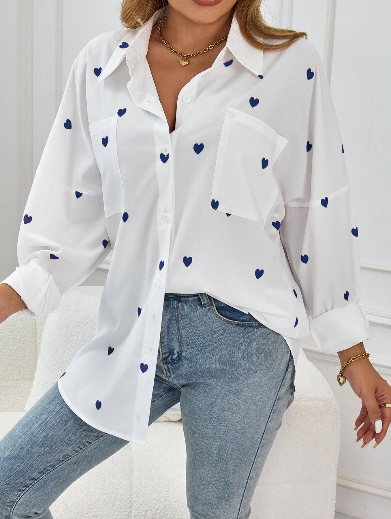 Women's Cotton Long Sleeve Blouse with Embroidered Heart Design-2