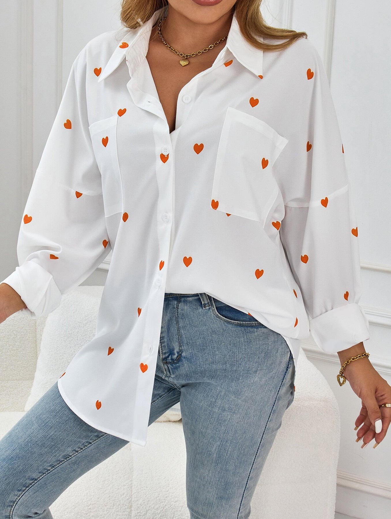 Women's Cotton Long Sleeve Blouse with Embroidered Heart Design-4