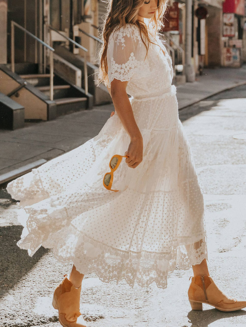Nienke | Women's V-Neck Lace Midi Dress-3