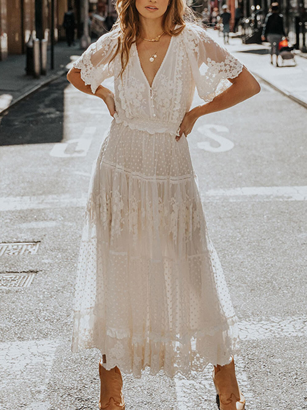 Nienke | Women's V-Neck Lace Midi Dress-2